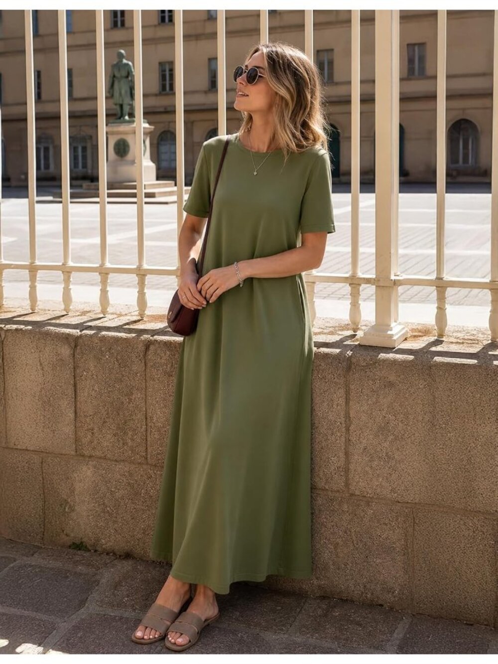 Women's Green Summer Casual Maxi Dress Vacation Crew Neck Short Sleeve Dress - Picture 4 of 6